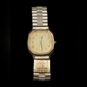 Vintage Timex Q Watch Men Gold Tone Date W Cell Square TEXACO 3Yr. Emp. Gift